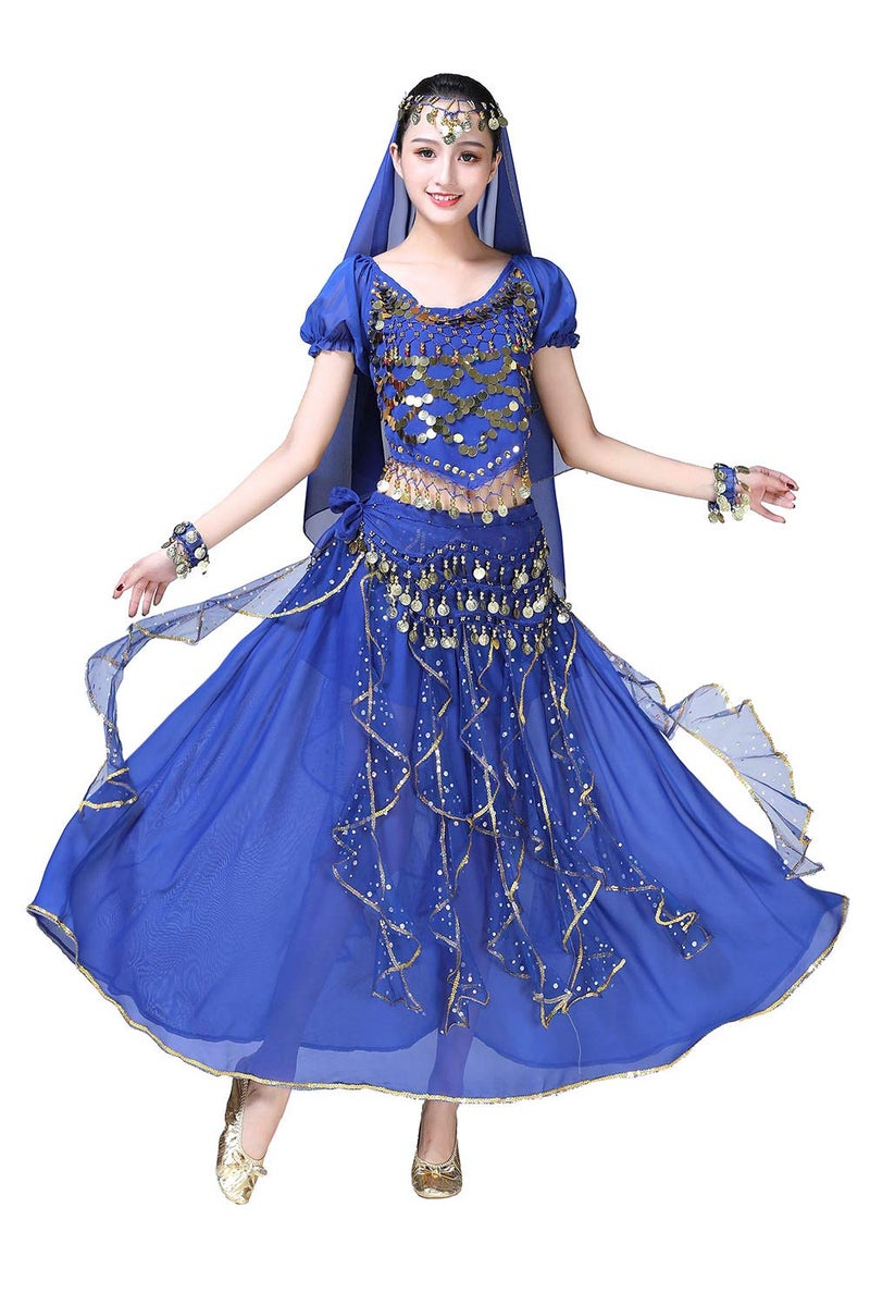 ORIDOOR Women Belly Dance Dress Indian Bollywood Halloween Costume Chiffon Skirts Shiny Belly Dance Suits 5-Piece Outfit, 004 Royal Blue, One Size - Image 1